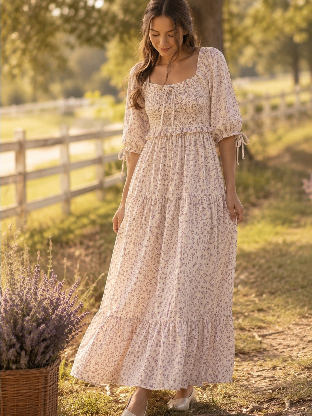Ivy City Co Nora Dress Cream Lavender Floral Smocked Maxi Medium